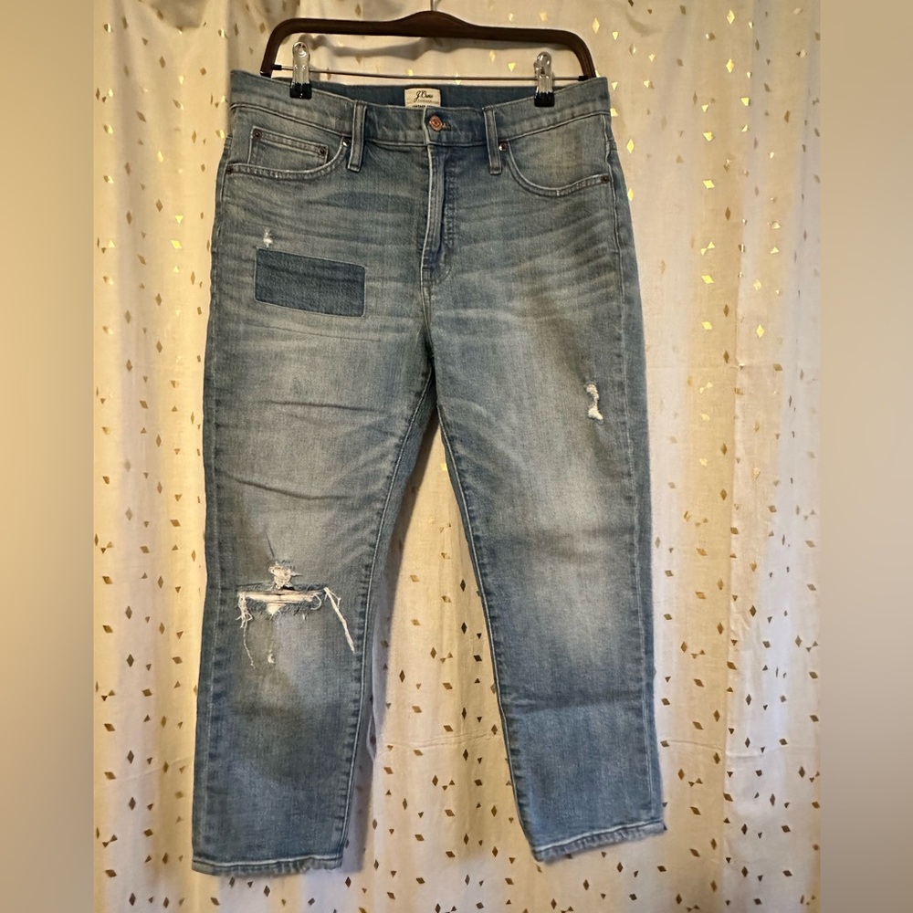 J Crew Distressed Mid-Blue Denim Ankle Jeans
